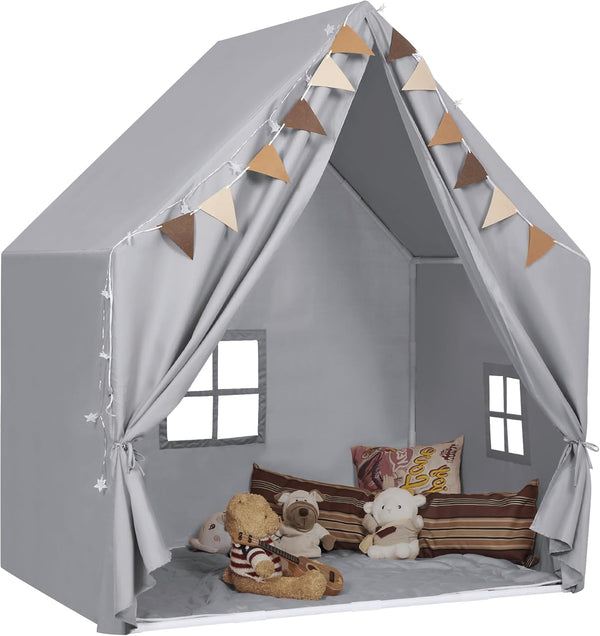 Kids Play Tent with Padded Mat & Star LED Lights for Ages 4-10, Large Indoor Play Room House Tent for Toddler Children