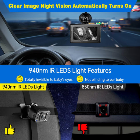 FEISIKE 4.3'' 360 149 3 Baby Car Camera, Back Seat Baby Car Camera Mirror for Crystal Infrared Night Vision, Rotation