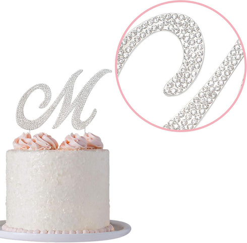 Letter M Cake Topper - Premium Silver Metal M Monogram Wedding or Anniversary Party Decoration, Sparkly Rhinestone