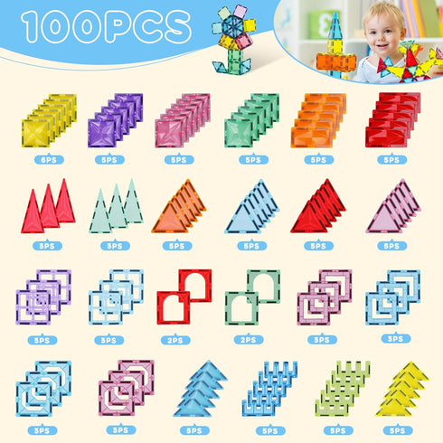 100PCS Set, 4D 3 4 5 6 7 8+ Paaxido Magnetic Tiles, Magnetic Blocks Diamond Magnet Building Blocks, STEM Preschool