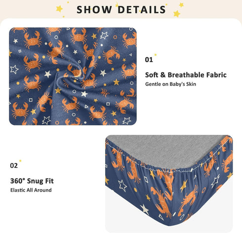 Jynexis 52x28 Crabs Stars Blue Pattern Baby Crib Sheets, Cotton Fitted Crib Sheet, Soft Breathable, Fits Standard