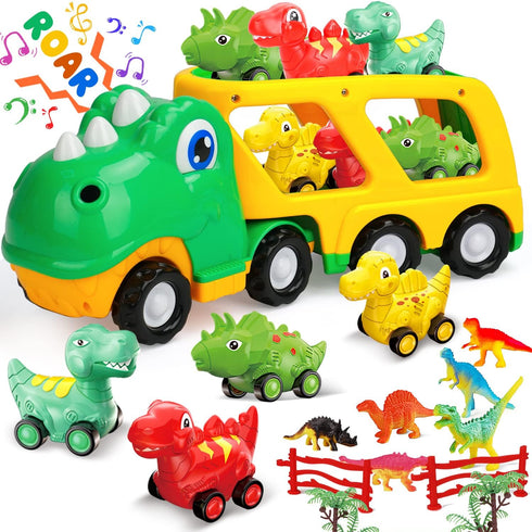 TOY Life Toddler Car Toy - Dinosaur Transport Carrier Truck with 4 Pull Back Dinosaur Cars for Ages 1+