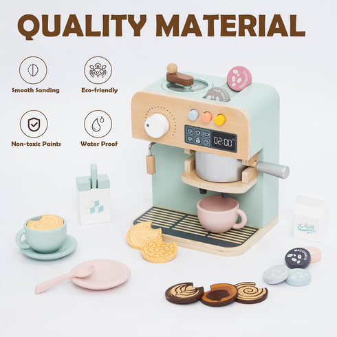 Playset, 23PCS Playset, 3 4 5 Kids Coffee Maker Wooden Kitchen Toys, Play Kitchen Accessories for Toddler, Espresso