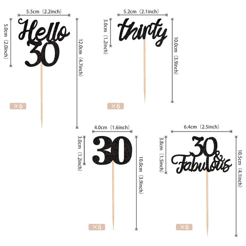 24 PCS 30th Birthday Cupcake Toppers, Hello 30 Cake Topper, Thirty 30 & Fabulous Cupcake Picks, 30th Birthday