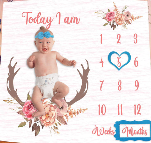 Monthly Milestone Blanket for Baby Girl, Deer Antler Flowers with Words, Pink Baby Growth Chart Blanket, 47"x47"