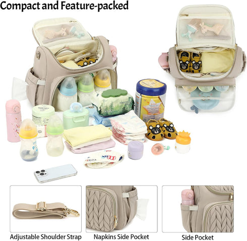 Bevkois Backpack Small Diaper Bag Quilted Mini Baby Crossbody Diaper Bag Tote for Mom and Baby Girls Boys (Beige)
