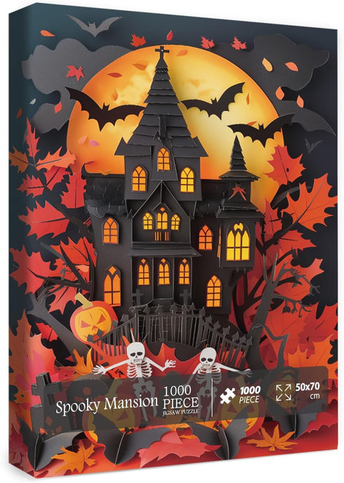 Halloween Jigsaw Puzzle 1000 Piece for Adult, Paper Cut Art Jigsaw Puzzle, Skeleton Paper-cutting Scary House Horror Puzzle for Fall Decor