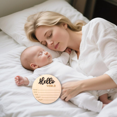 Yylaiire 5.9 Inch Wooden Baby Announcement Sign, Hello World Newborn Sign, Hospital Birth Stat Plaque, Hospitals