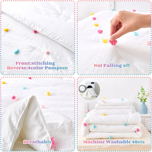 4 Sets Set Set Piece White Boho Toddler Bedding for Girls Colorful Pom Pom Comforter Jacquard Tufted Dot Crib Bed
