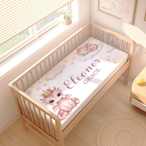 Workvalor Set 3-Piece Custom Baby Girl Crib Bedding Personalized Nursery Bedding with Dragon Pink Blanket, Fitted Sheet