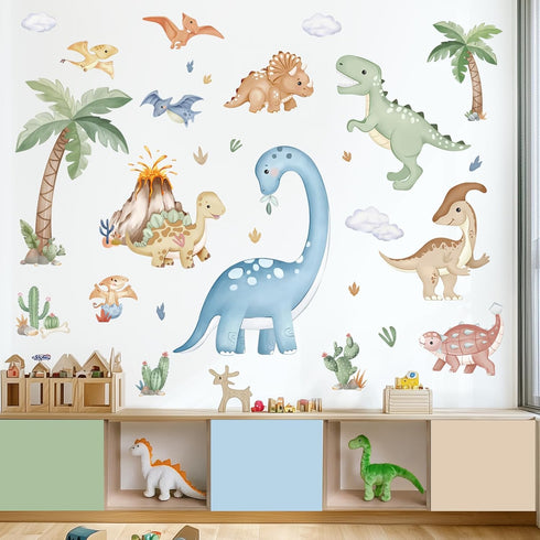 wondever Large Boho Dinosaur Wall Stickers Watercolor Dino Tropical Plants Volcano Peel and Stick Wall Art Decals