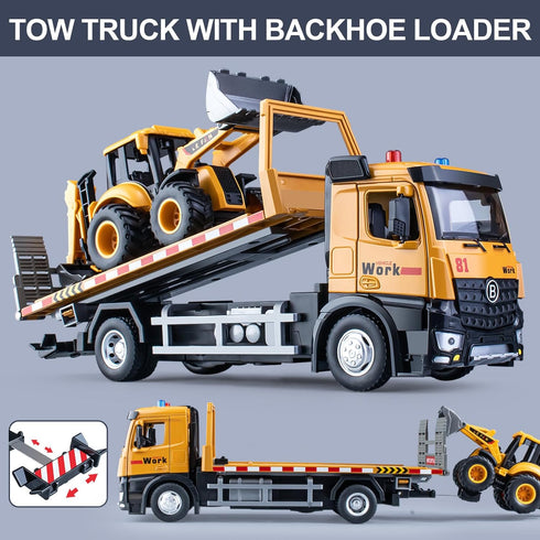 Tow Truck Toy Metal Cab with Flatbed, Friction Powered Transport Trailers with Lights and Siren Sounds
