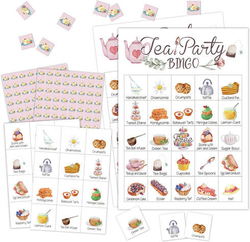 Tea Party Bingo Game - 24 Players Bingo for Teenagers, School Party, Birthday, and Garden Tea Bridal Party