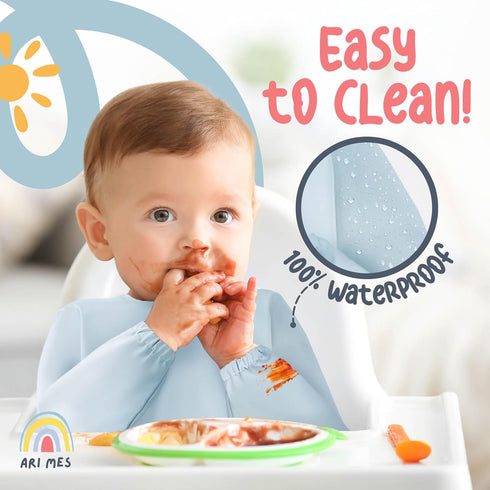 6-72 ARI MES Waterproof Long Sleeve Baby Bib for Eating-Dinosaur Pattern, Small-Toddler Smock with Catch-All Pocket