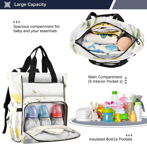 SUABO Backpack Baby Diaper Bag Yellow Purple Flower Clusters Large Bag Waterproof Travel Diaper Bags for Moms and Dads