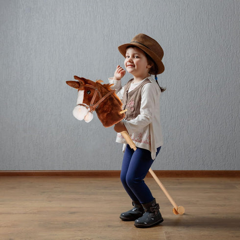 PUNP 36'' Plush Horse Riding Stick with Handsewn Head, Sturdy Wood Stick, Neighing & Clip-Clop Sounds