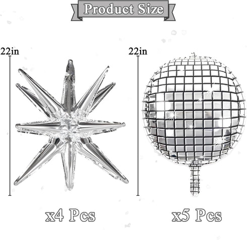 OuMuaMua 9pcs Disco Ball Balloons for 70s Disco Party Decor, 22 Inch Large 4D Metallic Silver Balloons with Stars