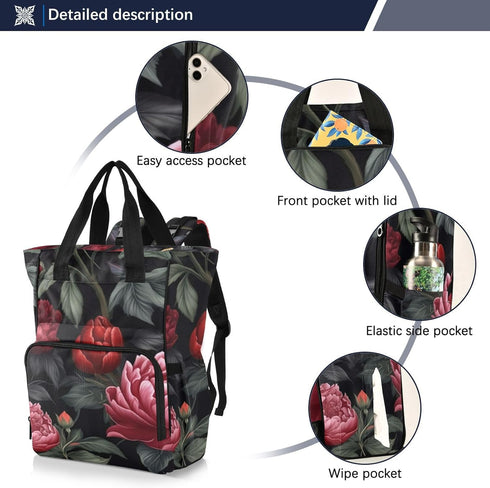 SPRIPORT Backpack Red Peonies Butterflies Diaper Bag for Baby Boys Girls Multifunction Travel Tote with Stroller Straps