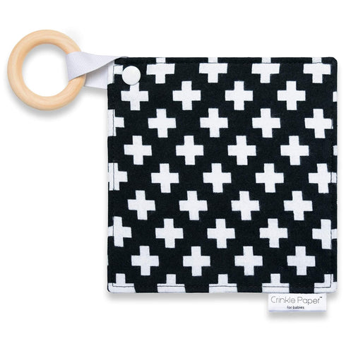 HYAKDesigns Baby Crinkle Paper Toy Eco-Friendly Cotton Sensory Teether with Beech Wood Ring
