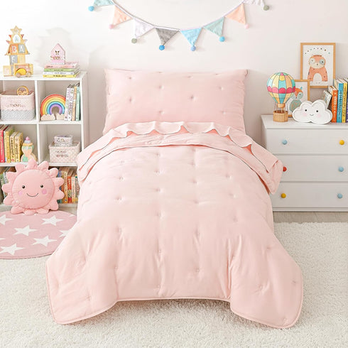 Pink Toddler Bedding Sets for Girls, 4 Pieces Bed-in-a-Bag for Toddler Girl,