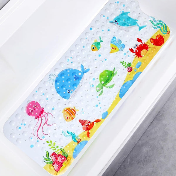 Large Kids Bath Mat for Tub, 40 x 16 Inch Non-Slip Cartoon Whale Anti-Slip Mat for Toddler Baby Bathtub