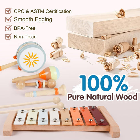 Set, 9PCS 1, 2, 3 Wooden Toddler Musical Instruments Kids Montessori Toys, Baby Toys with Xylophone & Drum, Educational