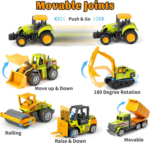 6 Pack 3-5 6 7, Construction Toy, Mini Diecast Farm Tractor Toy Construction Trucks for Kids Boys Age Excavator