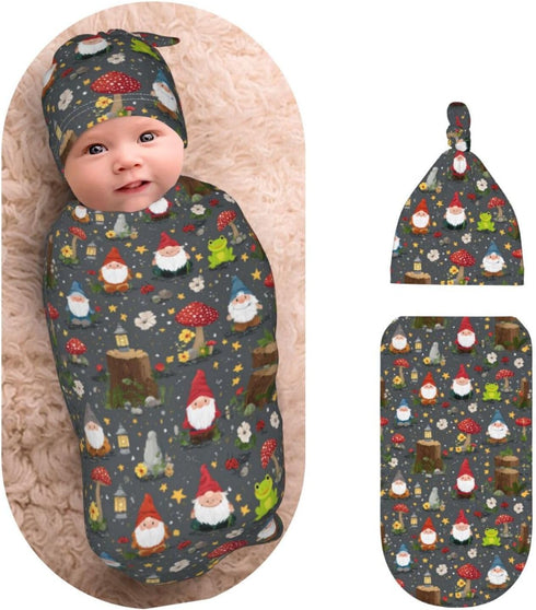 Nanyizly Gnomes Mushrooms Frog Flower Newborns Beanie Swaddle Blanket Set Baby Receiving Blankets