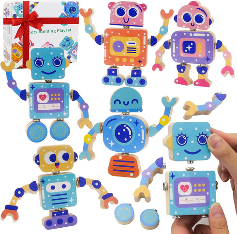 Robots Wooden Snap-Together Building Toys 28-Piece STEM Montessori Educational Blocks for Toddlers