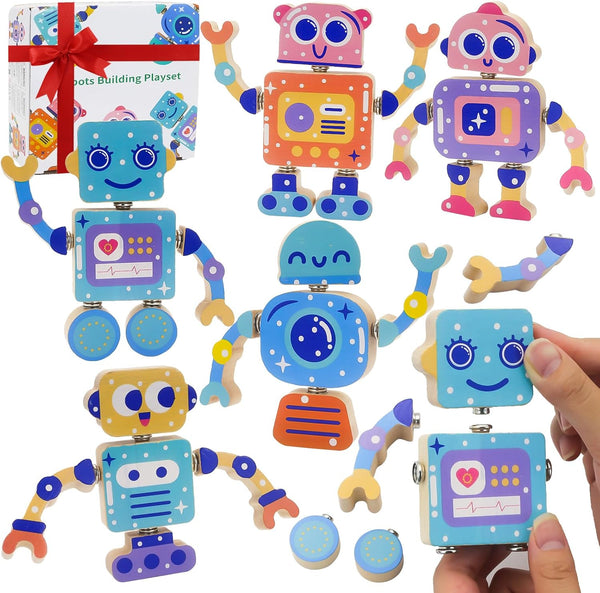 Robots Wooden Snap-Together Building Toys 28-Piece STEM Montessori Educational Blocks for Toddlers