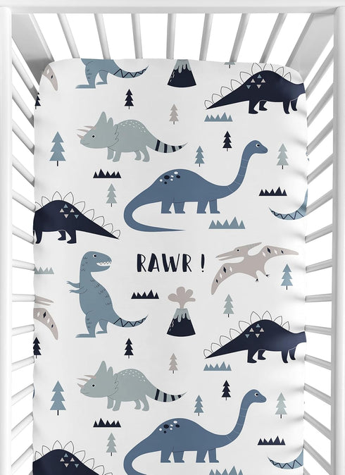 Sweet Jojo Designs Fitted Baby Crib Sheets (Blue Dinosaur) for Boys, Infant