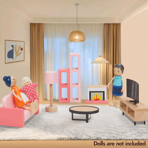 36pcs Set 5 3+ Giant bean Wooden Dollhouse Furniture with Dolls for Rooms, Wood & Plastic Pink Dollhouse Accessories