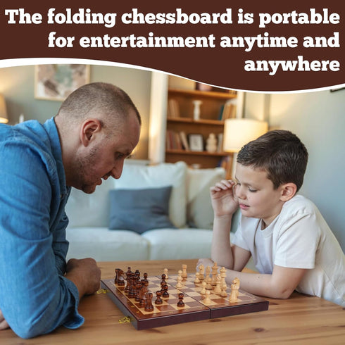 Set 15-Inch Set 2 Wooden Magnetic Chess Foldable Wooden Chess Board with Magnetic Pieces, Portable Travel Chess