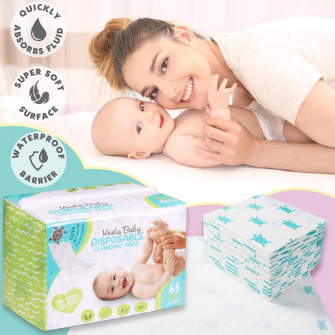 65 15" 20" Vesta Baby Disposable Changing Pads - Soft Absorbent Leak Proof Pee Mats - White Portable Diaper Change