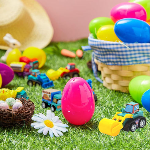 CLAPET 12 3-8 PCS Easter Egg Fillers with Pull Back Car, Prefilled Easter Toys Gifts for Year Old Boys Girls Kids