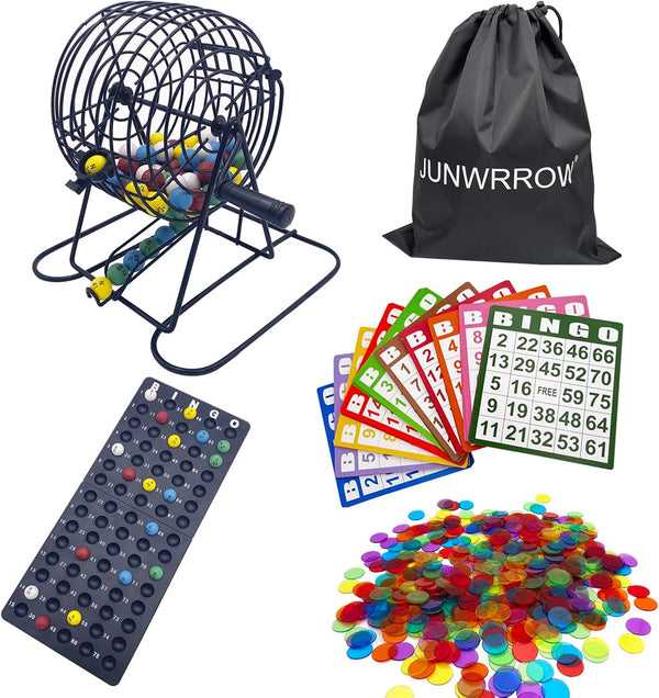 JUNWRROW Deluxe Bingo Game Set- Includes 1000 Colorful Chips,100 Mixed Cards,75 Calling