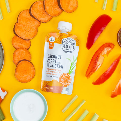 Serenity Kids 6+ Months World Explorers Baby Food Pouches, Chicken Coconut Curry, 3.5 Ounce BPA-Free Pouch