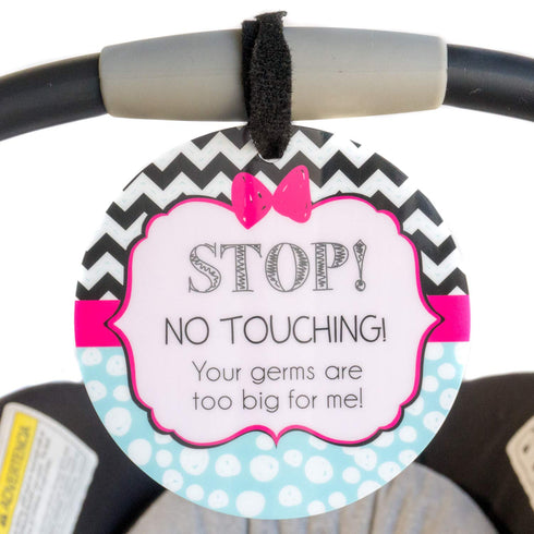 THREE LITTLE TOTS Pink Zig Zag Stop No Touching Baby Car Seat Sign or Stroller Tag - CPSIA Safety Tested