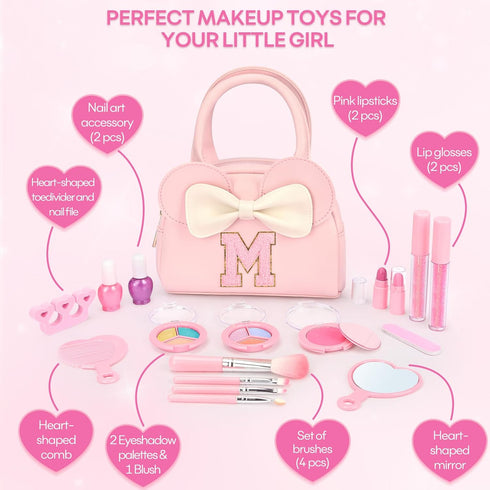 18Pcs 3 4 5 6 7 8 9 10 Set Kids Real Makeup Kit for Girls - Non-Toxic Washable Make Up Toys with Initial Toddler Purse