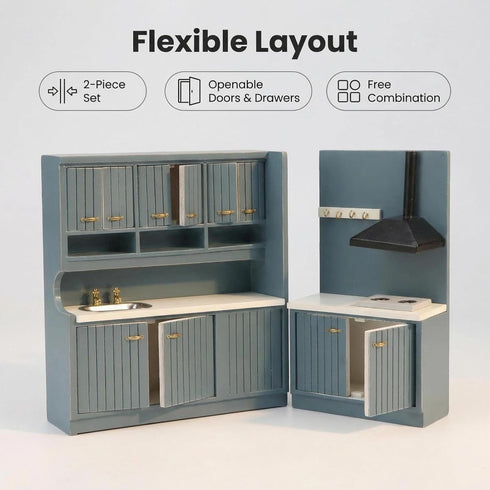 Set 1/12 Dollhouse Kitchen Miniature Wooden Furniture Cabinet Dining Room Kitchen Kit Scale Wooden Dollhouse