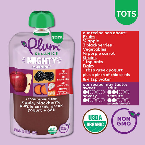 Plum Organics Mighty Morning Organic Toddler Food - Apple, Blackberry, Purple Carrot, Greek Yogurt, Oat - 4 oz Pouch