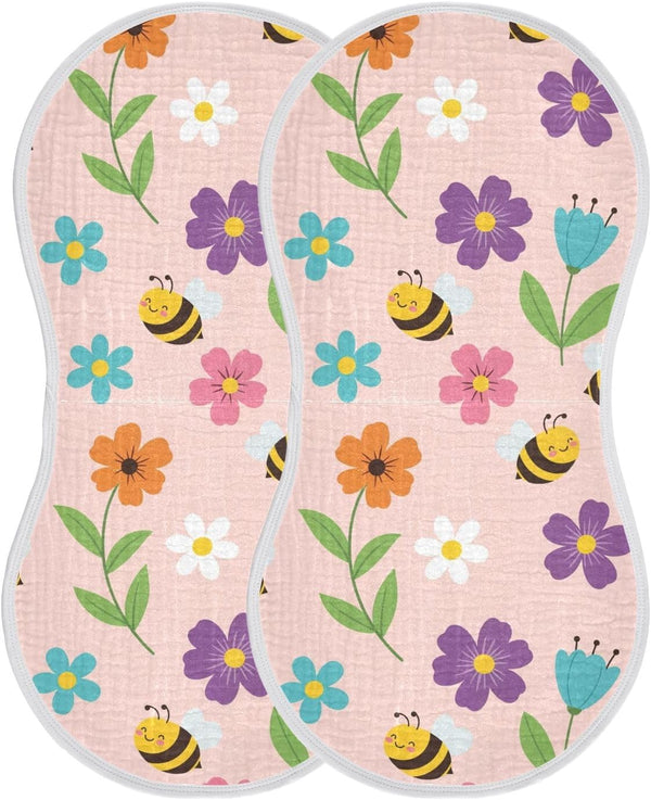 Qinllo 2 Pack Muslin Burp Cloths Floral Bee Pink Cotton Baby Burp Cloths
