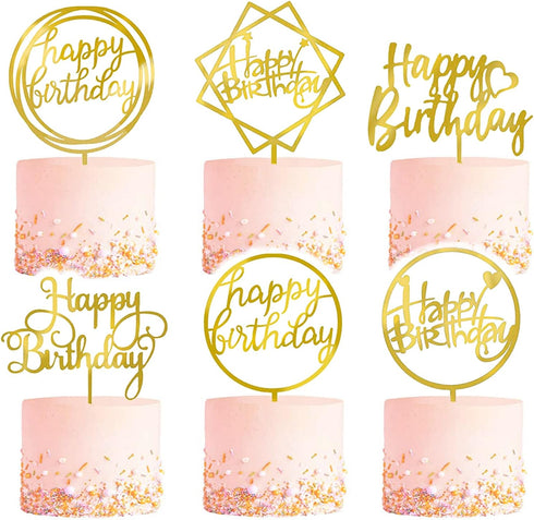 6-Pack Gold Cake Topper Set - Double-Sided Glitter Acrylic Happy Birthday Cupcake Toppers for Decorations