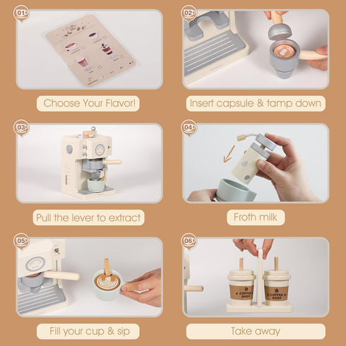 Playset Pithfor Kids Wooden Coffee with Grinder, Toy Coffee Maker for Kids Toddlers, Pretend Play Kitchen Appliances