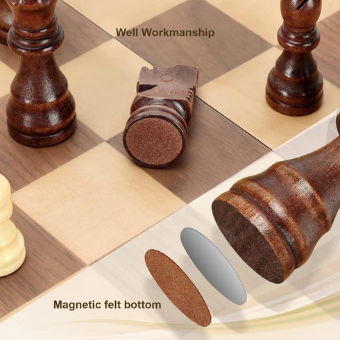 Set 15'' Sets Magnetic Wooden Chess for Adults Kids Chess Board with Handmade Pieces, Folding Portable Travel Unique
