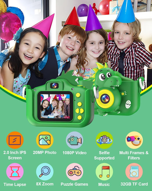 Dinosaur Kids Camera Toys, 1080P HD Digital Camera for Kids with 32GB SD Card, Gift for 3-9 Years Old