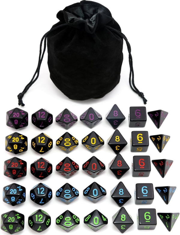 5 Sets New Black Polyhedral Dice with Satin-Lined Velvet Bag for Dungeons and Dragons DND RPG MTG