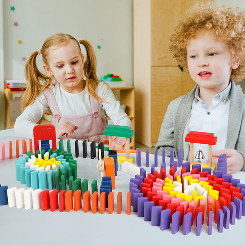 1000 Set 11 10 PCS Dominoes for Kids with Extra Blocks, Wooden Building Blocks Colors Dominoes Racing Tile Games