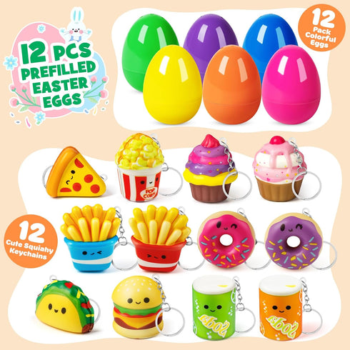 12 Pack IJIGU Prefilled Easter Eggs with Food Squishy Toys Keychains, Easter Eggs Filled for for Easter Egg Hunt