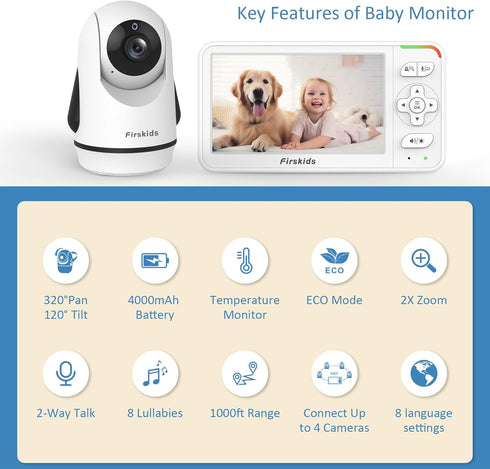Firskids 5" 2-Way 32H Mode,1000ft Baby Monitor with Camera and Audio, No WiFi Travel Baby Monitor, Pan Tilt Zoom Baby